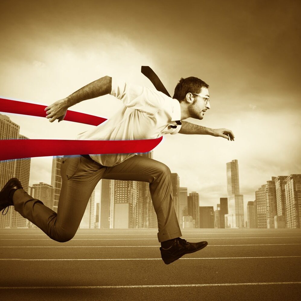 Concept of successful businessman in a finishing line